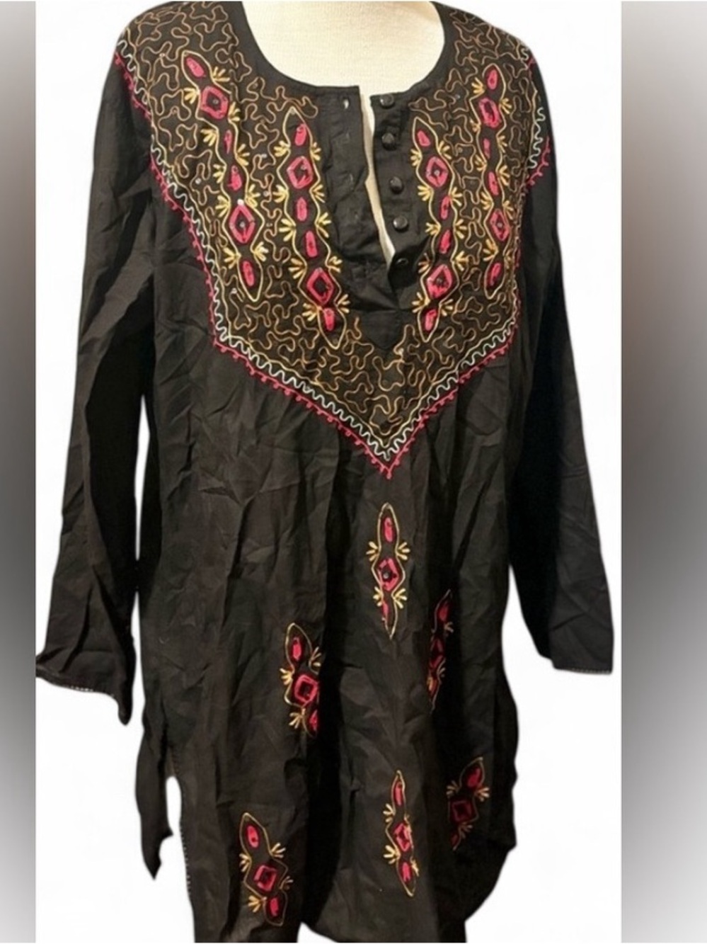 Women's Black Embroidered Tunic with Pink & Gold Detail